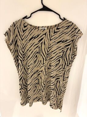 VTG Judy’s Beige & Black Zebra-Print Cap Sleeve Top Y2K 2000s Square Size Large